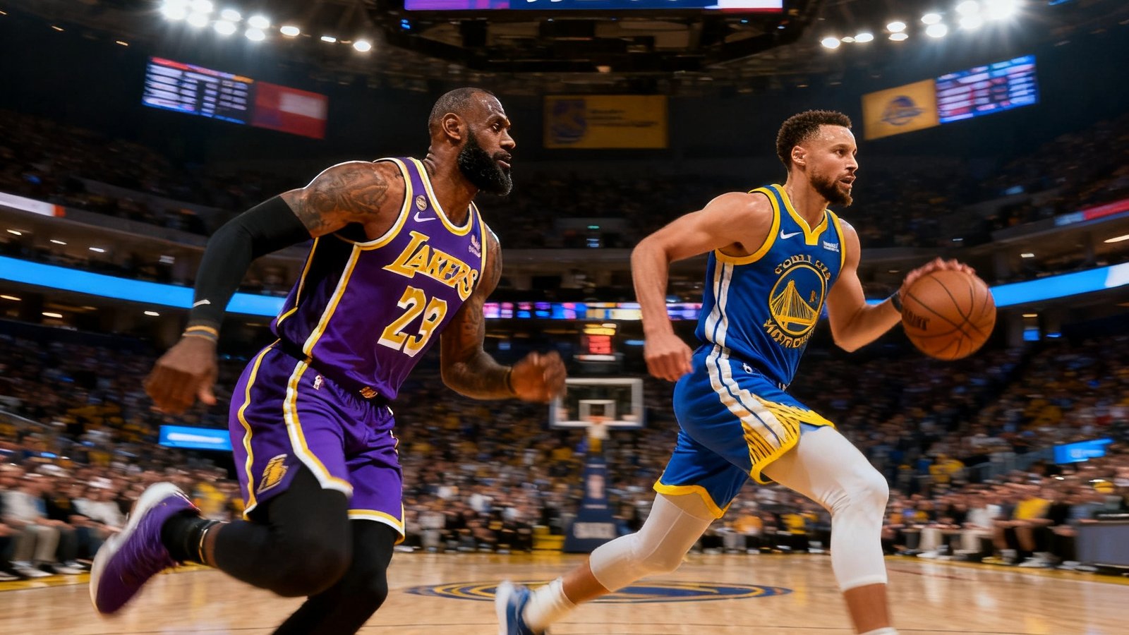 NBA季后赛湖人主场对阵勇士的直播画面，紫色金色球衣与蓝黄球衣在场上交错，计分板显示紧张比分